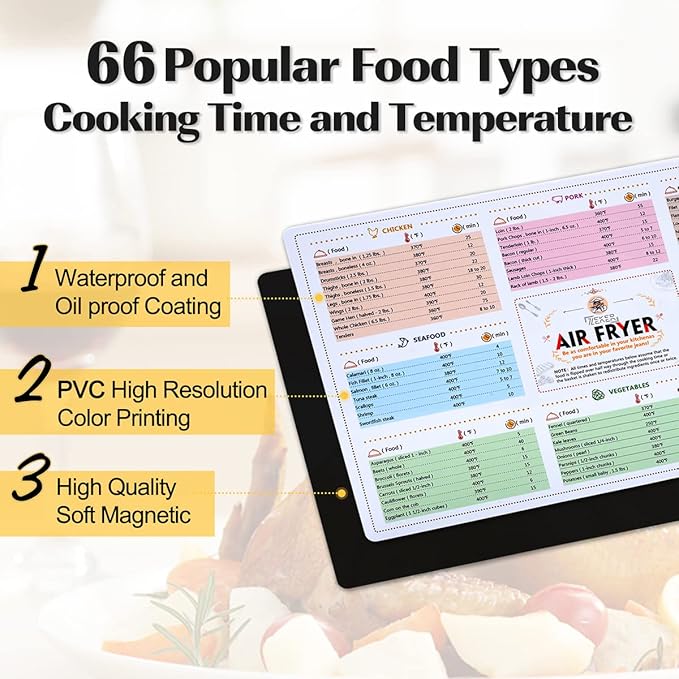 Air Fryer Magnetic Cheat Sheet Cookbook Cooker Accessories Magnet Cooking Times Chart Quick Reference Guide for 66 Common Prep Functions