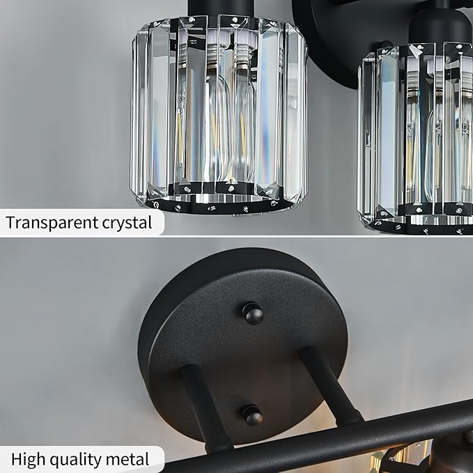Modern 4 Light Crystal Vanity Light, Black Vertical Bathroom Light Fixture Over Mirror for Dressing Table Sink, Compatible with Dimmable Bulbs (Bulbs Not Included)