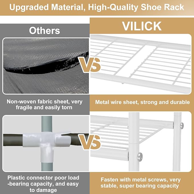 3 Tier Shoe Rack 33" Wide Metal Shoe Organizer Long Shoe Storage with 4 Side Hooks Sturdy Shoes Shelf for Front Door Entrance, Closet, Garage, Dorm, White