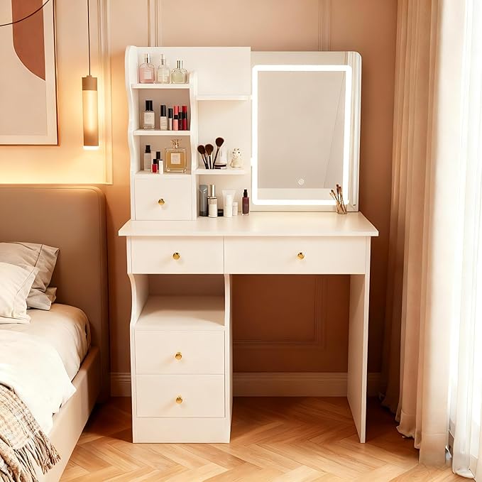 Casaphoria White Makeup Vanity Desk with Hidden Mirror, 31.5 Inch Dressing Table with 5 Drawers, 3 Color Adjustable LED Lights, No Stool Included
