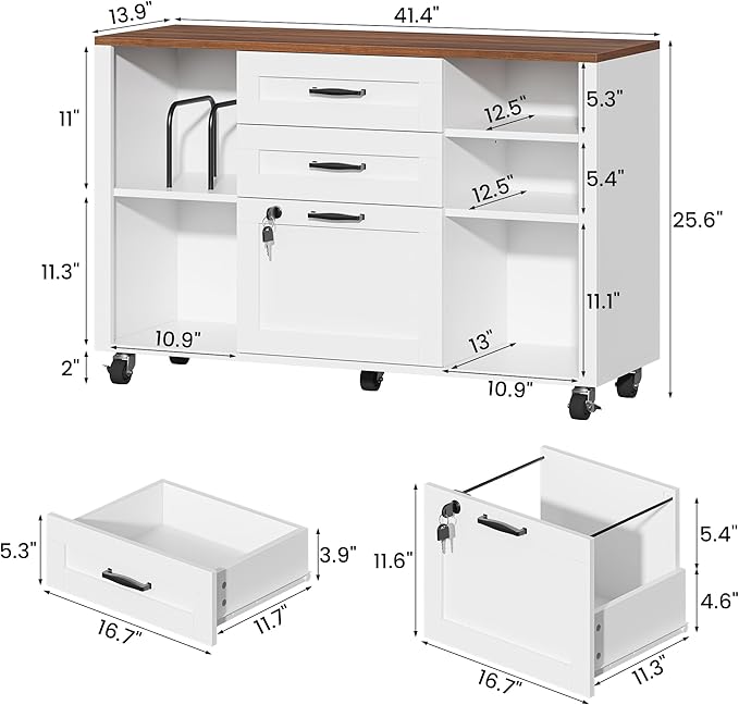 Semoic 3 Drawer Wood Lateral File Cabinet with Lock, Rolling Mobile Filing Cabinet with Open Storage Shelves, Printer Stand Office Storage Cabinet for Home Office Fits Files Legal/A4 Size, White