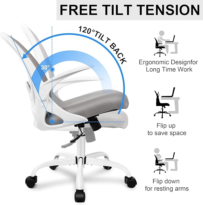 Primy Office Chair Ergonomic Desk Chair with Adjustable Lumbar Support and Height, Swivel Breathable Desk Mesh Computer Chair with Flip up Armrests for Conference Room（Gray）