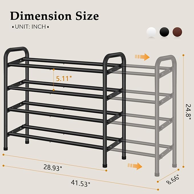 4 Tier Shoe Rack for Closet,Shoe Organizer, 28“ Metal Shelf Can Expandable to 42“, for Bedroom, Entryway, Living Room, Garage, Adjustable to 24 Pairs Shoes, Black