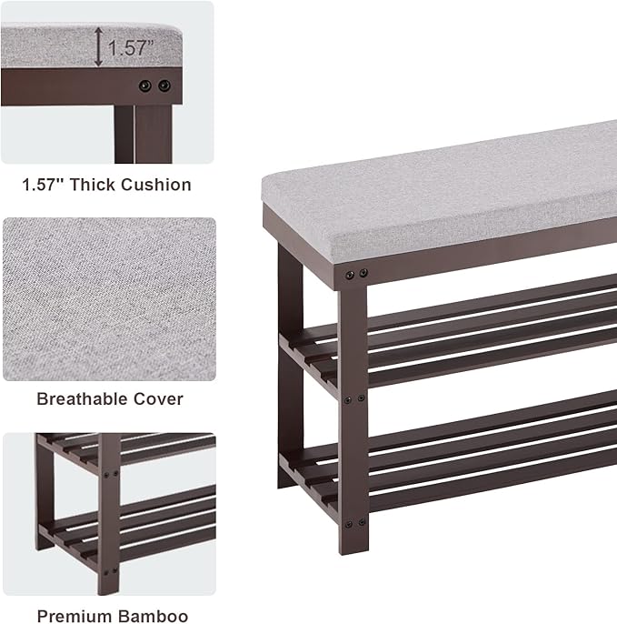 Apicizon 3-Tier Shoe Rack for Entryway, Bamboo Shoe Bench with Cushion Padded Seat, Small Shoe Organizer with Storage for Indoor Entrance Hallway Bedroom Living Room, Brown