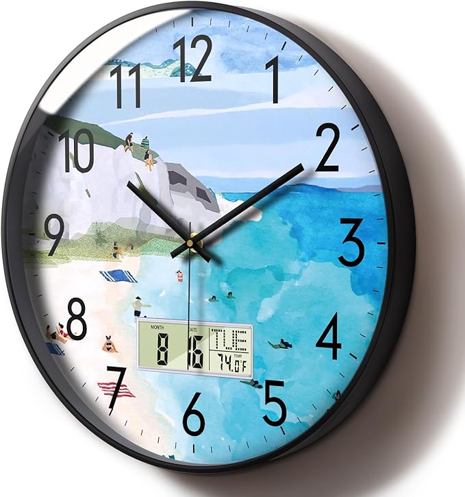 Silent Wall Clock with Temperature Day and Date Blue Mountain and Sea Beach Non-ticking Kitchen Clock Digital Large Display Battery Operated Clocks Decor for Bathroom Living Room Office 12 Inch