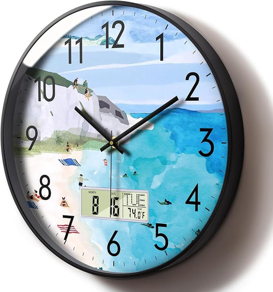 Silent Wall Clock with Temperature Day and Date Blue Mountain and Sea Beach Non-ticking Kitchen Clock Digital Large Display Battery Operated Clocks Decor for Bathroom Living Room Office 12 Inch