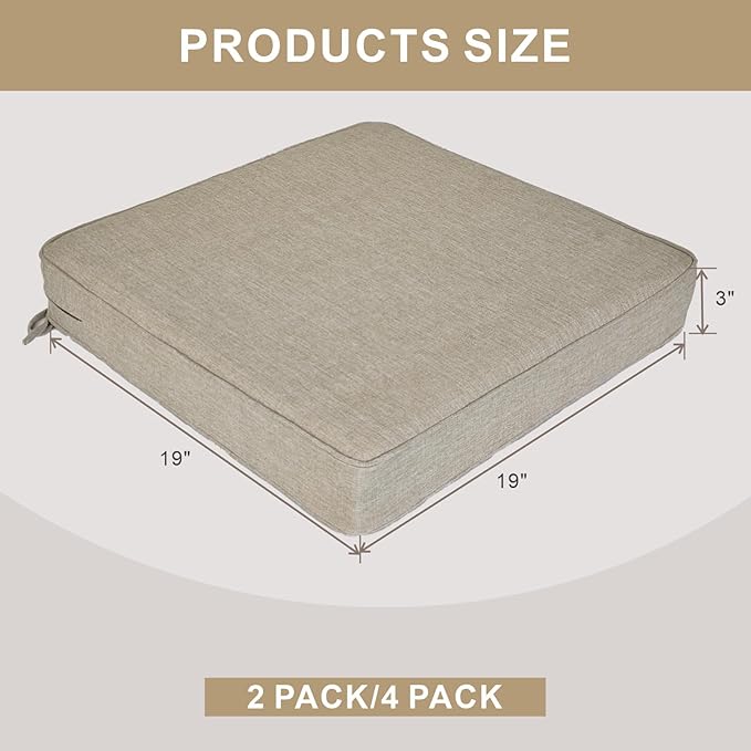 Outdoor Chair Cushions 19 x 19 Inch Set of 4 Water Resistant Seat Cushions with Ties, Outdoor Cushions for Patio Furniture with 3-Year Fade Resistant