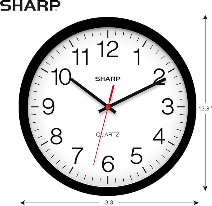 Sharp Wall Clock – Black, Silent Non Ticking 14 Inch Quality Quartz Battery Operated Round Easy to Read Home/Kitchen/Office/Classroom/School Clocks, Sweep Movement