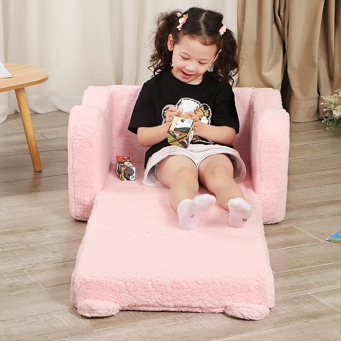 Kids Chairs for Toddler, 2-in-1 Toddler Soft Sherpa Couch Fold Out, Convertible Sofa to Lounger for Girls and Boys, Teddy Bear, Pink
