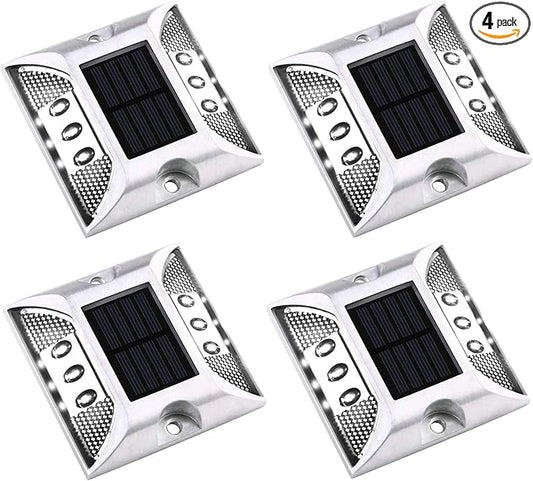 Aolyty Solar Dock Lights - IP68 Waterproof Outdoor Warning Step Lights for Sidewalk, Stair, Garden Pathway & Walkway (4 Pack, White)