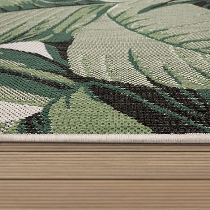 in- & Outdoor Rug Tropical Palm Leaf Design for Patio in Green Beige, Size: 2' x 3'3"