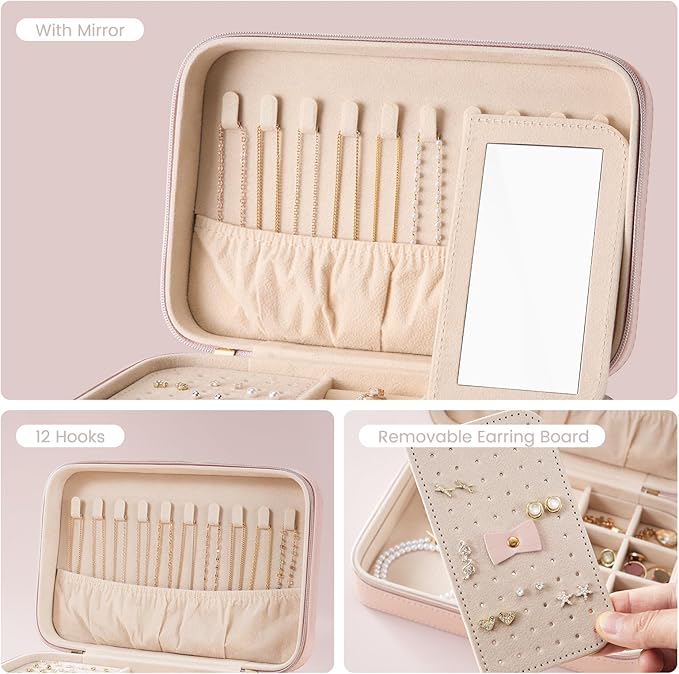 Lolalet Travel Jewelry Case for Women, Travel Jewelry Organizer Box with Mirror & Clear Storage Bag, Small Portable Traveling Earring Necklace Bracelet Ring Case, Bridesmaid Gifts -Medium, Pink