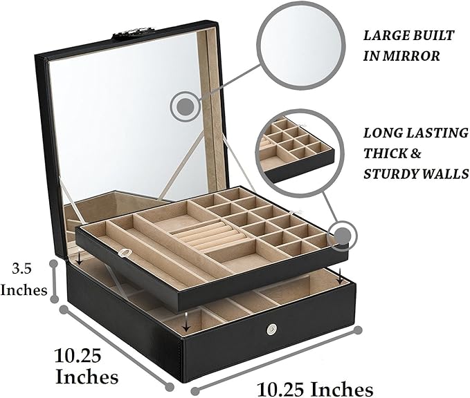 Co 28 Section Jewelry Box - 2 Layer - Buckle Snap & Magnet Closure - Large Mirror - Pu Leather - Black - Jewelry Organizer for Women & Girls - Holder for Earring Ring Necklace & Bracelet