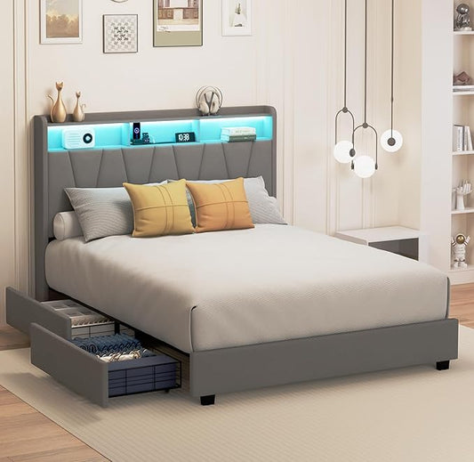 Full Size Bed Frame, Velvet Upholstered LED Platform Bed with Headboard Storage, Bed Frame Full Built-in Charging Station with 4 Drawers, Wood Slat Support, No Box Spring Needed, Grey