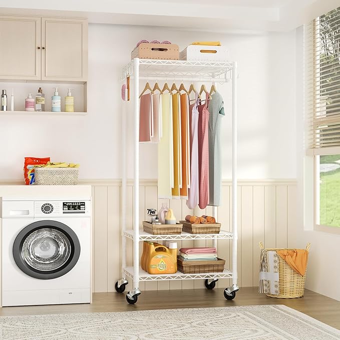 FUTASSI P6 Mini Rolling Clothes Rack Heavy Duty, Clothing Racks for Hanging Clothes, Freestanding Garment Rack with Wheels, Portable Closet Rack Max Load 360LBS, 23.6''W x 14''D x 74.6''H, White