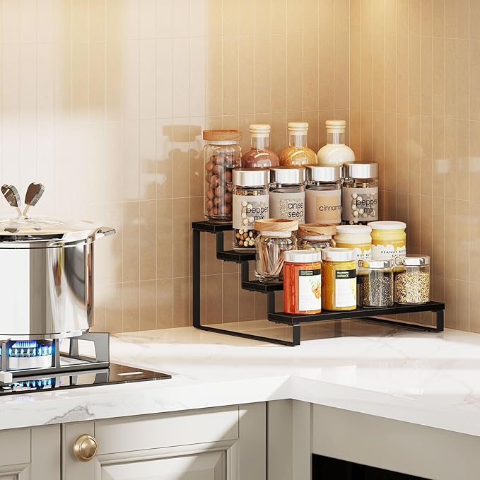 Giikin Set of 2 Wooden Display Stand Riser, 3 Tier Display Stand Perfume Organizer Stand Cupcake Stand Holder, Tiered Display Stand Risers Display Shelf for Home and Shop, Black