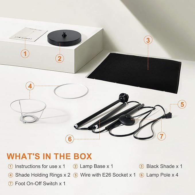 FRIDEKO HOME Floor Lamp with Black Shade, Simple Design with Foot Pedal Switch, Small Tall Lamps for Living Room Bedroom Office, Corner Floor Stand Light with Black Pole Lamp (No Bulb/No Remote)