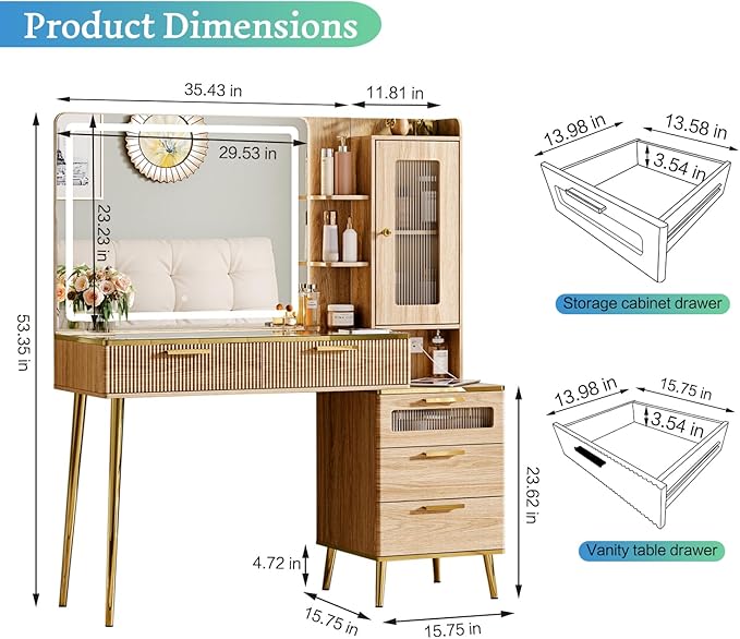Vanity Desk with 29.53" HD Lighted Mirror, 47.24" Big Modern Vanity Desk with Mirror and Lights, Makeup Vanity with 5 Drawers and Storage Shelves and Charging Station, Oak
