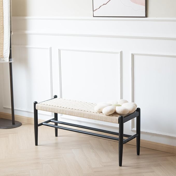 Solid Wood Entryway Bench with Shoe Storage, Rustic Oak Wood and Woven Design 39.4 Inch Long Seating for Living and Dining Rooms,Black
