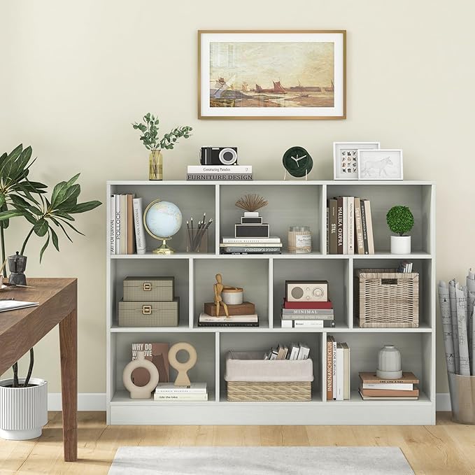 Costzon 10 Cube Bookshelf for Kids, Wooden Toy Storage Organizer w/ 2 Anti-Toppling Kits, 3 Tier Open Shelves & Non-Slip Foot Pads, Book Shelf for Kids Rooms, Playroom, Classroom, Nursery (White)