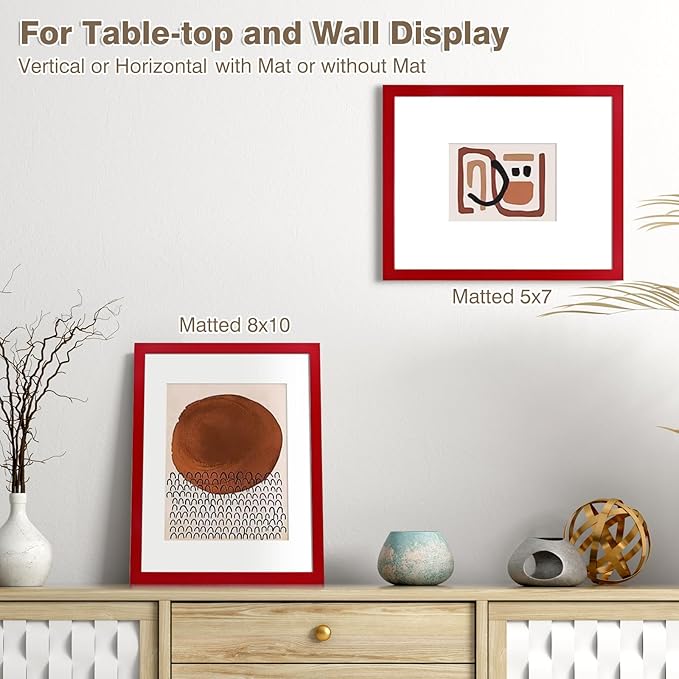 KINLINK 11x14 Picture Frame Red, Solid Wood Frames with Acrylic Plexiglass for Pictures 5x7/8x10 with Mat or 11x14 without Mat, Tabletop and Wall Mounting Display, Set of 4