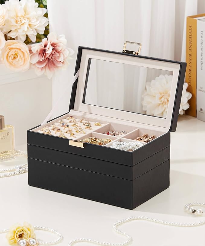Homde Jewelry Tray Stackable Jewelry Box with Glass Lid, Removable Dividers for Vanity Table Gift Idea for Girls and Women (Black)