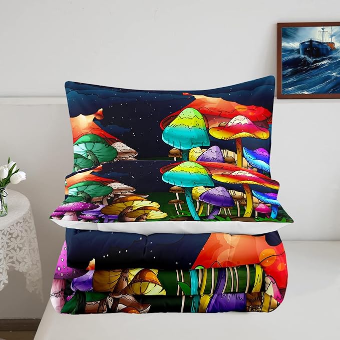 Mushroom Bedding Set Full Girls Ultra Soft Full Size Comforter Set for Boys Cute Cartoon Mushroom Comforter Set for Kids Teens Colorful Mushroom Microfiber Quilt for All Season 3Pcs with Pillowcases