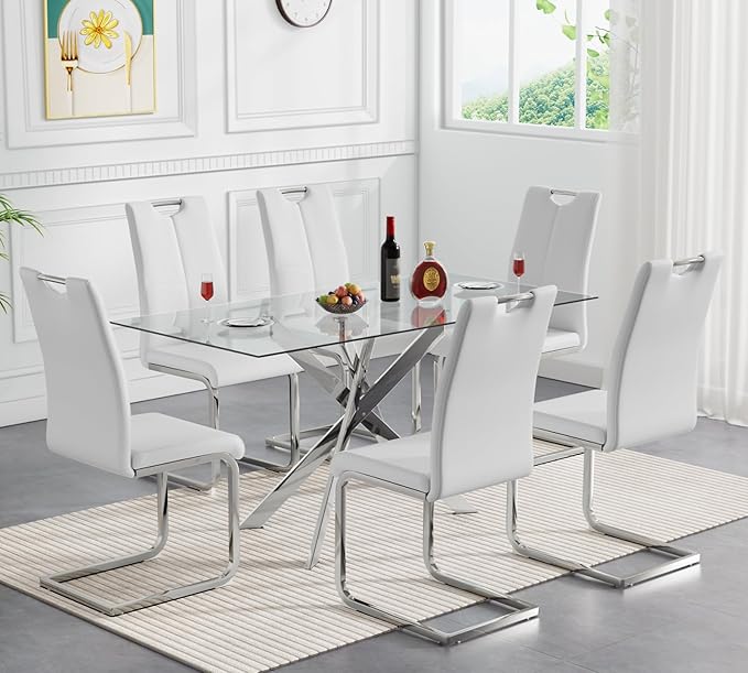 Modern Glass Dining Table Set for 6, Silver Glass Kitchen Table and Chairs Set of 6, 7 Piece Dining Room Table Set with 61" Rectangular Metal Glass Dinner Table and 6 White Leather Dining Chairs