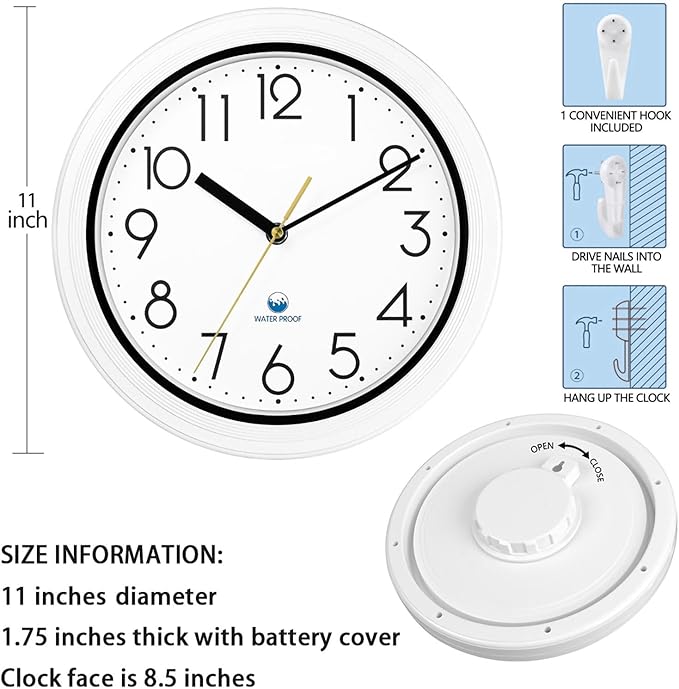 Caysie 11 Inch Sealed Indoor Outdoor Waterproof Wall Clock, Durable Silent Non-Ticking Battery Operated Quality Quartz Round Clock, Wall Decorative for Patio, Pool, Bathroom (White)