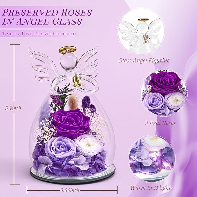 Gifts for Women, Christmas Decorations Flowers for Delivery Fresh Bouquet Forever Preserved Flowers Real Rose Angel Figurine Glass, Xmas Decor Gifts for Mom Grandma Wife Sister, Purple