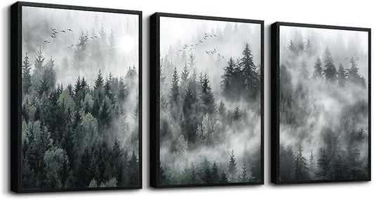 Canvas Wall Art for Living Room and Bedroom - Modern Foggy Forest Trees Landscape Painting - Office and Home Decor - Ready to Hang Black Framed Pictures