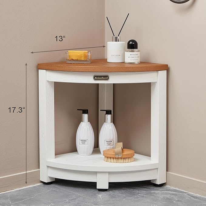 HDPS Corner Shower Stool for Shaving Leg, Waterproof Shower Bench Seat for Inside Shower, Poly Lumber Plastic Bath Shower Chair Seat, White+Brown, Weight Capacity 500LBS