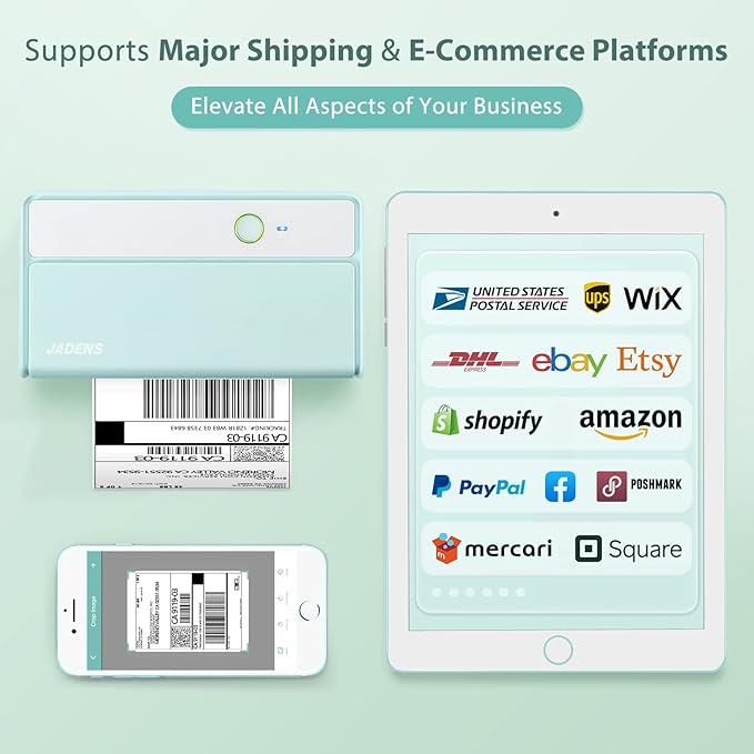 JADENS Bluetooth Thermal Label Printer -Wireless Shipping Label Printer for Small Business & Package, USPS, Etsy, Amazon, Compatible with iPhone, Windows, Android, 4x6, Label Maker, Green