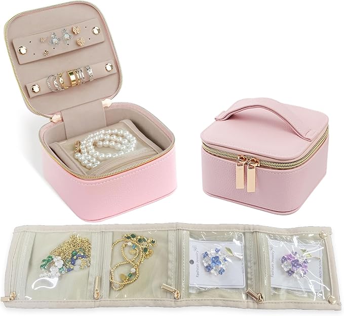 PU Leather Travel Jewelry Organizer Case with 4 Pouches & Handle, Anti-Tangle Storage Box for Necklace, Earrings, Rings, Compact Jewelry Box for Women Gift (Pink)