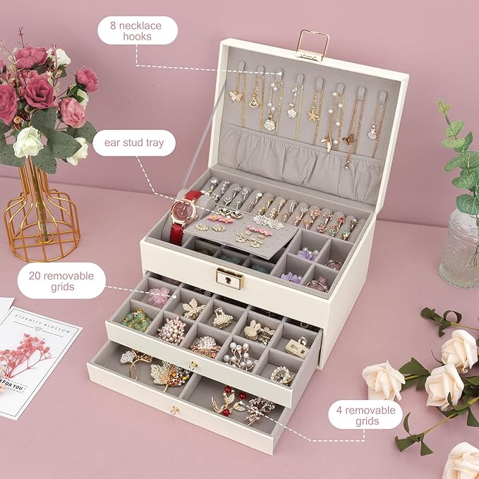 DesignSter Jewelry Box,Jewelry Organizer with 2 Drawers, 3 Layers Leather Jewelry Storage Box with Lock, Jewelry Storage Case for Necklaces Earrings Bracelets and Rings（Beige）