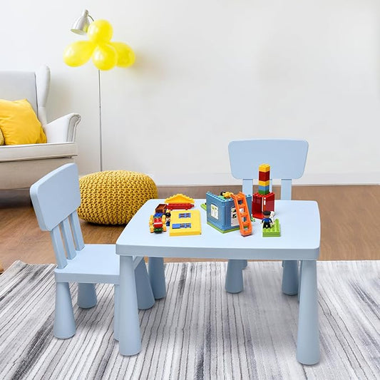 LDAILY Kids Table and Chairs, 3-Piece Children Arts Nursery Furniture for Drawing, Reading, and Painting, Light Weight Plastic Activity Kids Desk and Chair Set for Playroom, Kindergarten (Blue)