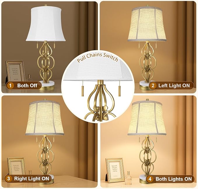 Scenekoy 27.75” Iron Art Table Lamp Set of 2 for Bedroom Living Room, Gold Leaf Night Stand Bedside Lamps with USB Ports, Pull Chains Modern Nightstand Lamp Line Shade for Home Decor (Bulbs Included)