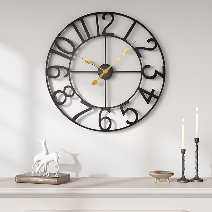 Large Wall Clock, 20 Inch Black Decorative Wall Clock for Living Room, Modern Metal Battery-Operated Arabic Numerals Round Clocks Silent Non Ticking for Kitchen Mantel Bedroom Office