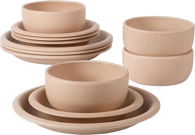 Bloomhouse Corsica Clay 12 Piece Stoneware Rustic Reactive Glaze Dinnerware Set - Stackable Plates and Bowls Set. Service for 4 - Matte Prosecco Blush Pink