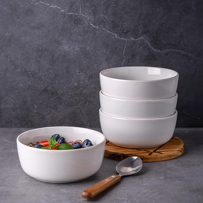 AmorArc Cereal Bowls Set of 6 for Kitchen, 26oz Stoneware Soup Bowls Set for Cereal,Soup, Modern Kitchen Bowls for Meal, Dishwasher &Microwave Safe, Reactive White