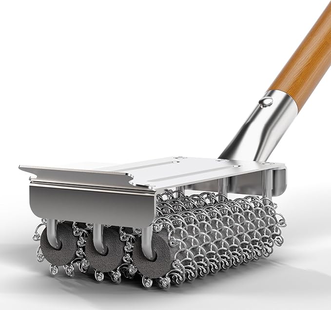 HOUSE AGAIN Grill Brush Bristle Free, 304 Stainless Steel Food-Grade Brush Head with Scraper, Safe BBQ and Grill Grate Cleaner Non Wire, Outdoor Grill Cleaning Brush w/Wooden Handle Gift for Men/Dad