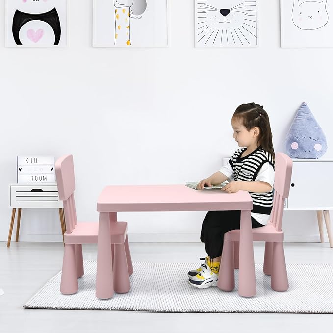 LDAILY Kids Table and Chairs, 3-Piece Children Arts Nursery Furniture for Drawing, Reading, and Painting, Light Weight Plastic Activity Kids Desk and Chair Set for Playroom, Kindergarten (Pink)