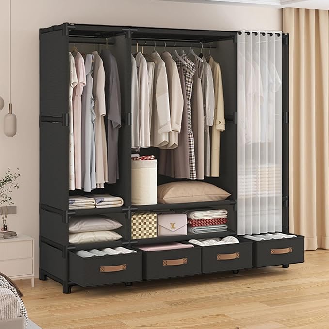 Portable Closet,Portable Closets for Hanging Clothes,Japanese Style Garment Rack Clothing Rack with 4 Drawers,3 Hanging Rods and 6 Storage Shelves,56.2" L x 17.7" W x 65.1" H,Black