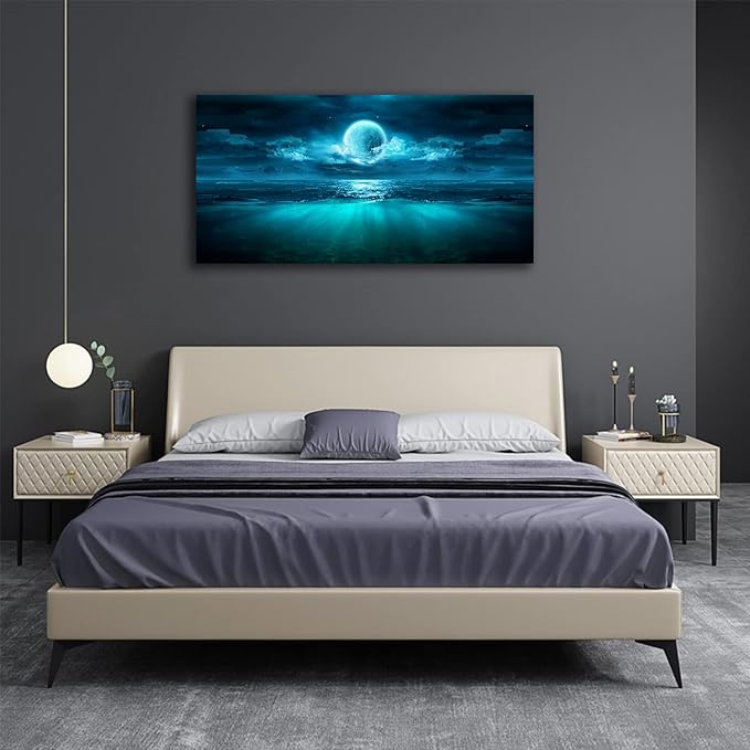 Full Moon Ocean Waves Wall Art Moon Night Canvas Pictures Dark Teal Blue Seascape Canvas Art Landscape Prints Artwork for Living Room Bedroom Bathroom Ofiice Kitchen Home Wall Decoration 20" x 40"