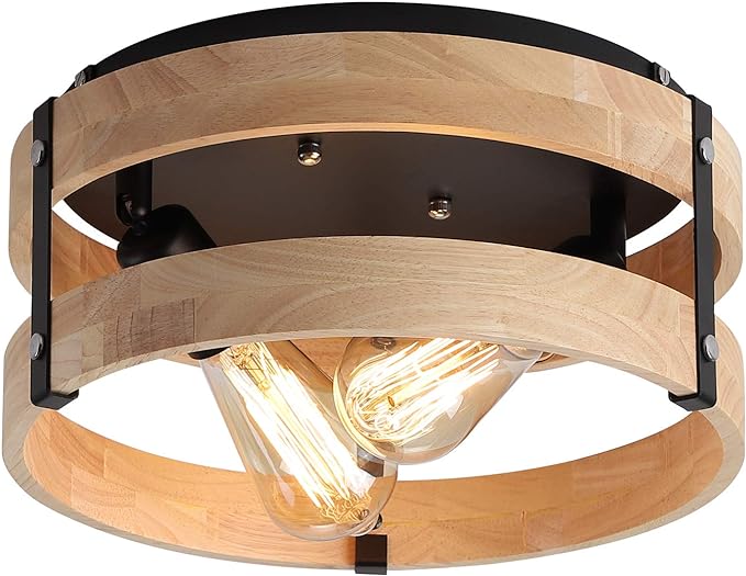 Modern Farmhouse Flush Mount Light Fixture Two-Light Metal and Wood Round Drum Rustic Flush Mount Ceiling Light for Hallway Bedroom Kitchen Entryway, Light Yellow Wood and Black