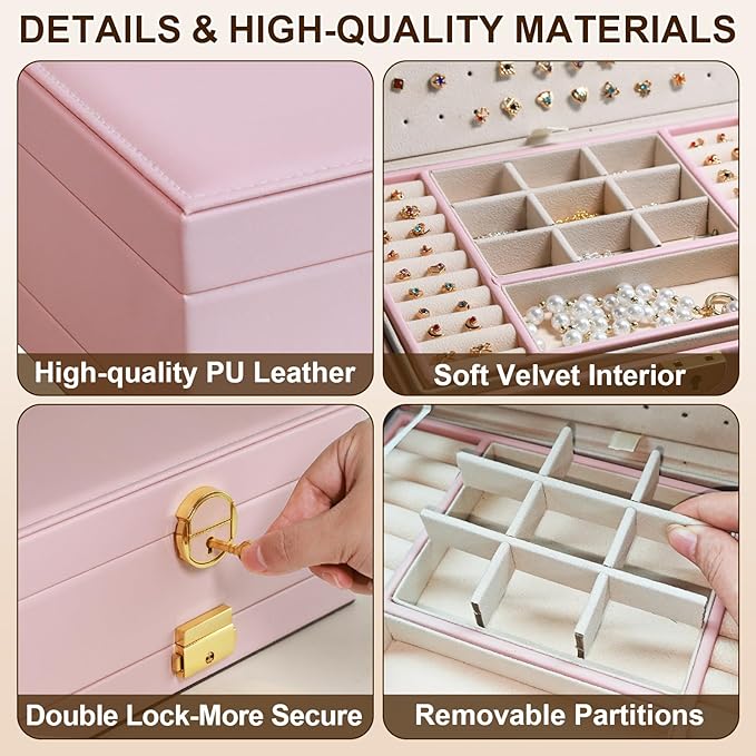 Yoobao Jewelry Box for Women, 3 Layer with Double Lock, Removable Tray, Jewelry Holder Organizers for Earrings Necklaces Rings Bracelets Watches, Ideal Present for Birthday Graduation Anniversary