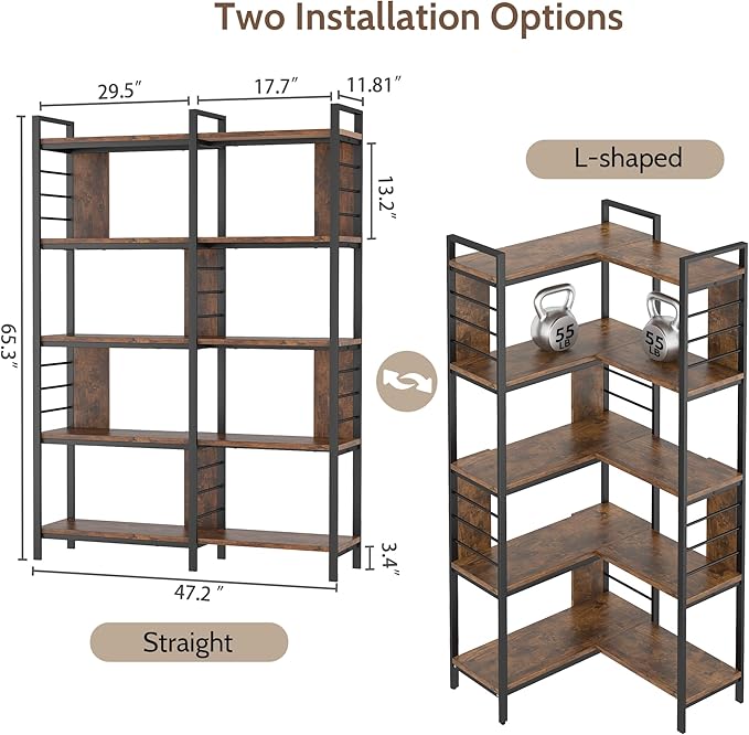 5 Tier Corner Bookshelf, Reversible Corner Shelf, Industrial Wooden Display Book Shelf Stand, L-Shaped Etagere Bookcase with Storage Shelves and Metal Frame for Living Room, Bedroom, Home Office