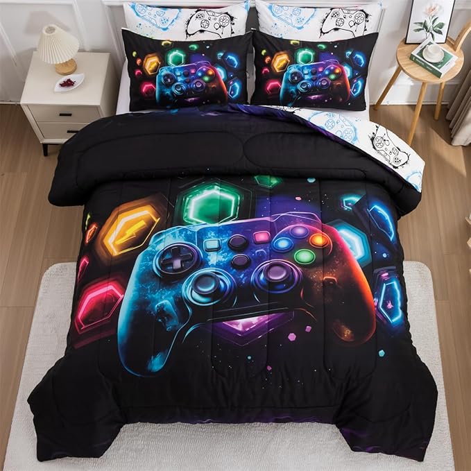 NTBED Game Console Comforter Set for Boys Girls Kids Space Universe Gaming Geometric Lightweight Microfiber Gamer Bedding Sets (Multi, Full)