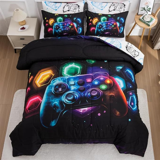 NTBED Game Console Comforter Set for Boys Girls Kids Space Universe Gaming Geometric Lightweight Microfiber Gamer Bedding Sets (Multi, Queen)