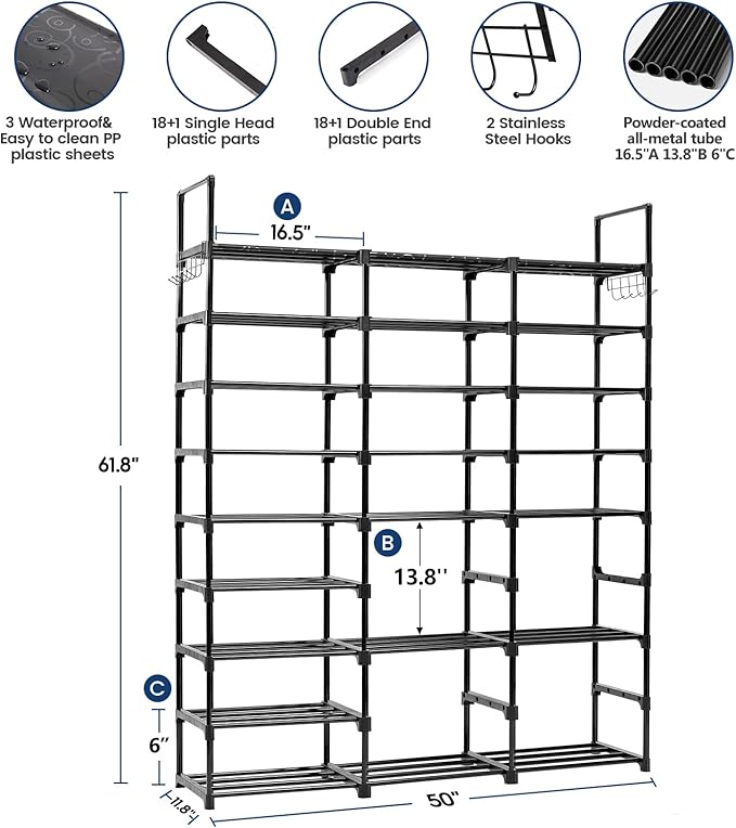 Mavivegue 9-Tier Metal Shoe Rack - Holds 50-55 Pairs, Tall Storage Shelf for Shoes, Boots, Entryway, Closet, Garage